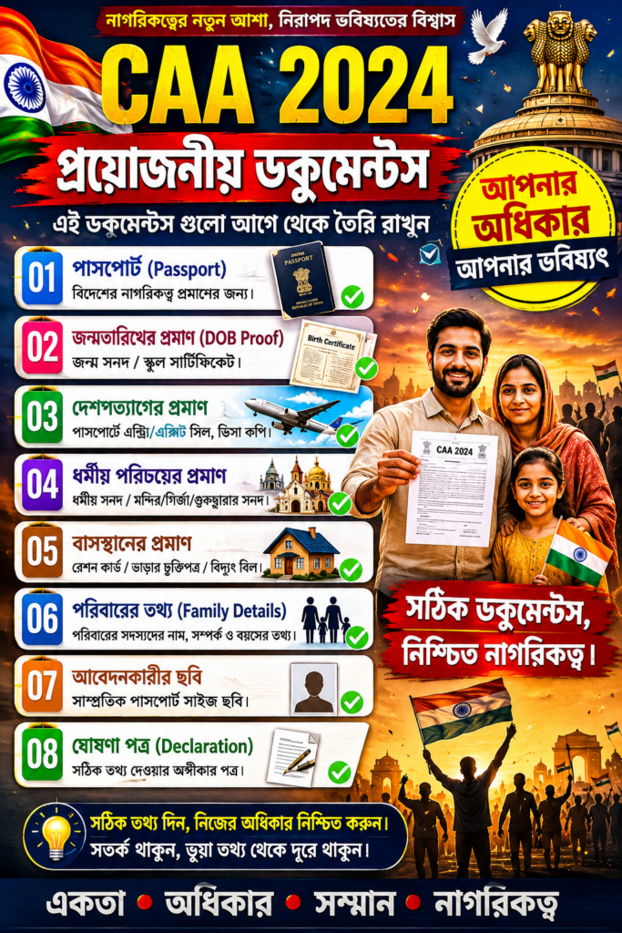 alt="সিএএ আইন ২০১৯ সম্পূর্ণ A to Z গাইড ২০২৬ - ভারতের পতাকা, মানচিত্র এবং ধর্মীয় নিপীড়িত মানুষদের সাথে নাগরিকত্বের প্রতীকী ছবি"